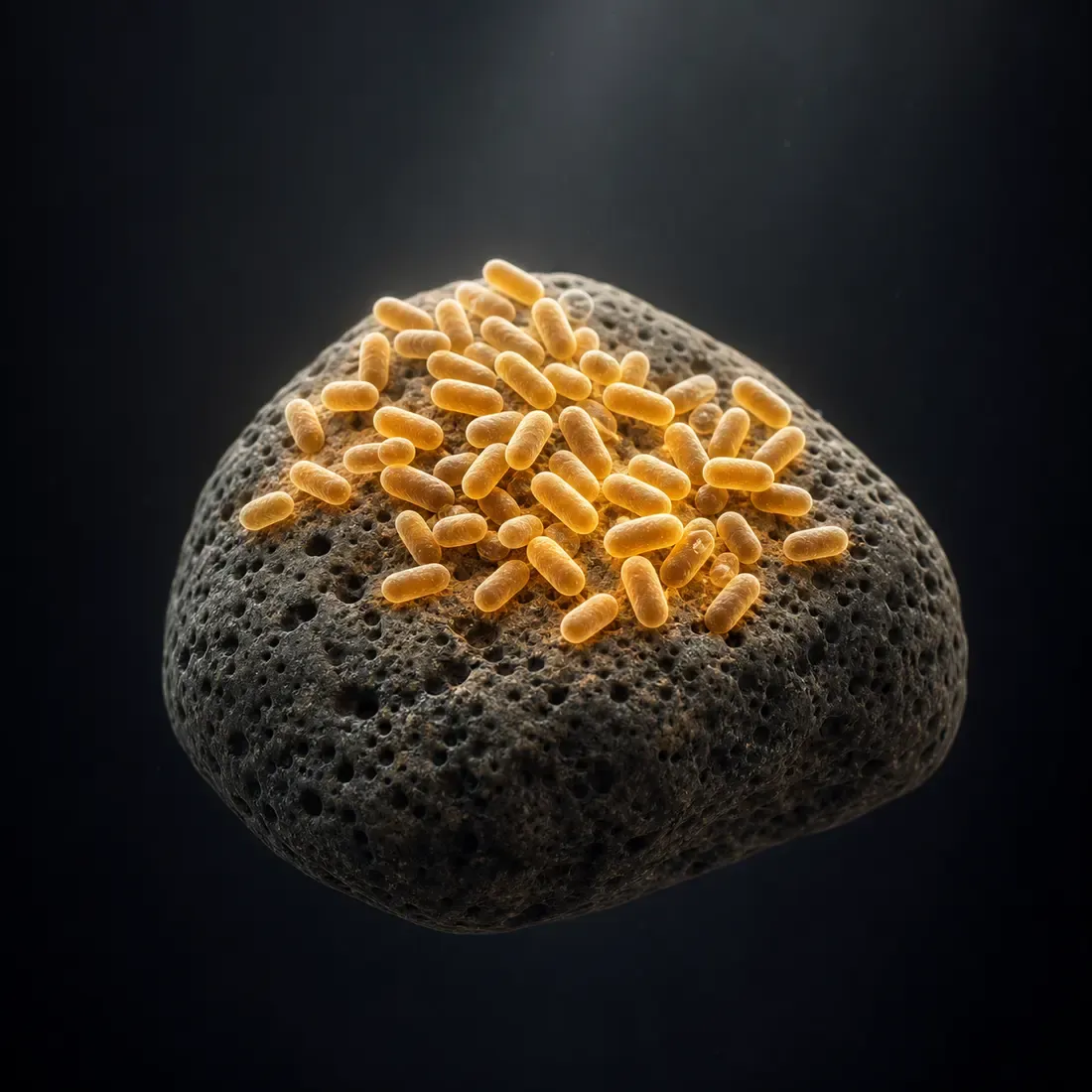 The first colony of nitrifying bacteria establishing on porous rock, converting ammonia to nitrite.