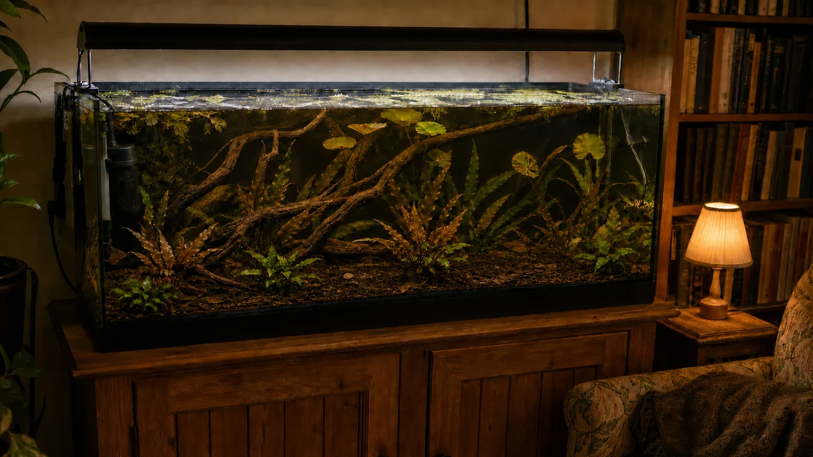 A blackwater planted aquarium with branching roots, leaf litter, and shade-tolerant plants in a reading room.