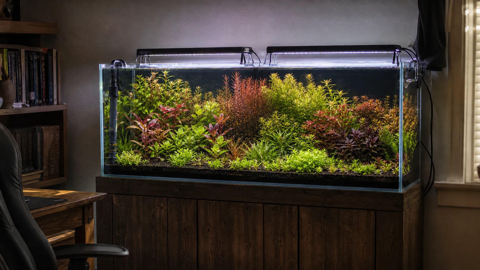 A long Dutch-style planted aquarium with dense red and green stem groups in a home office.