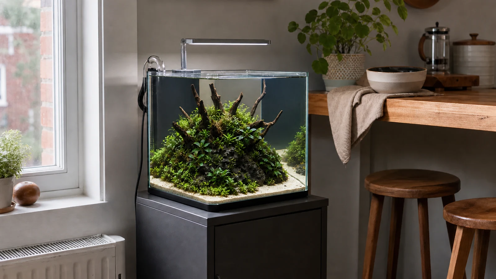 A compact island-style nano aquarium with mossy wood and small-leaved plants in a home kitchen.