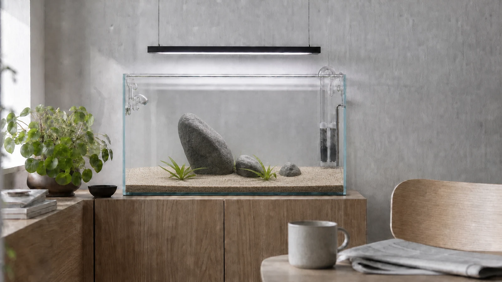 A minimalist planted aquarium with three smooth basalt stones, open sand, and three small rosette plants in a dining nook.