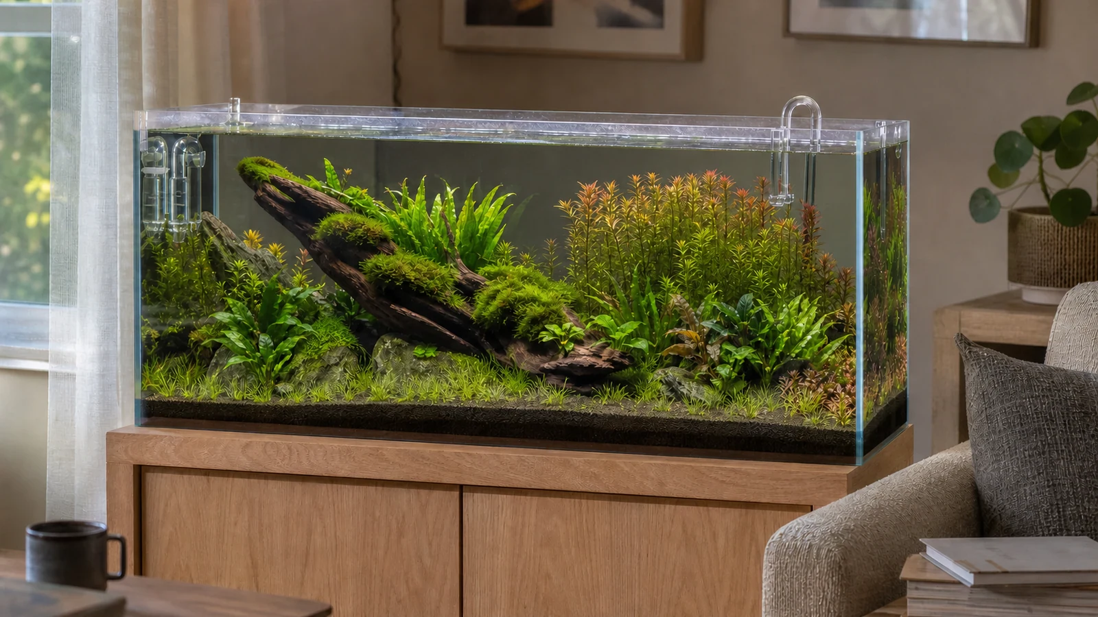 A nature-style planted aquarium built around driftwood, moss, ferns, and stem plants in a bright living room.