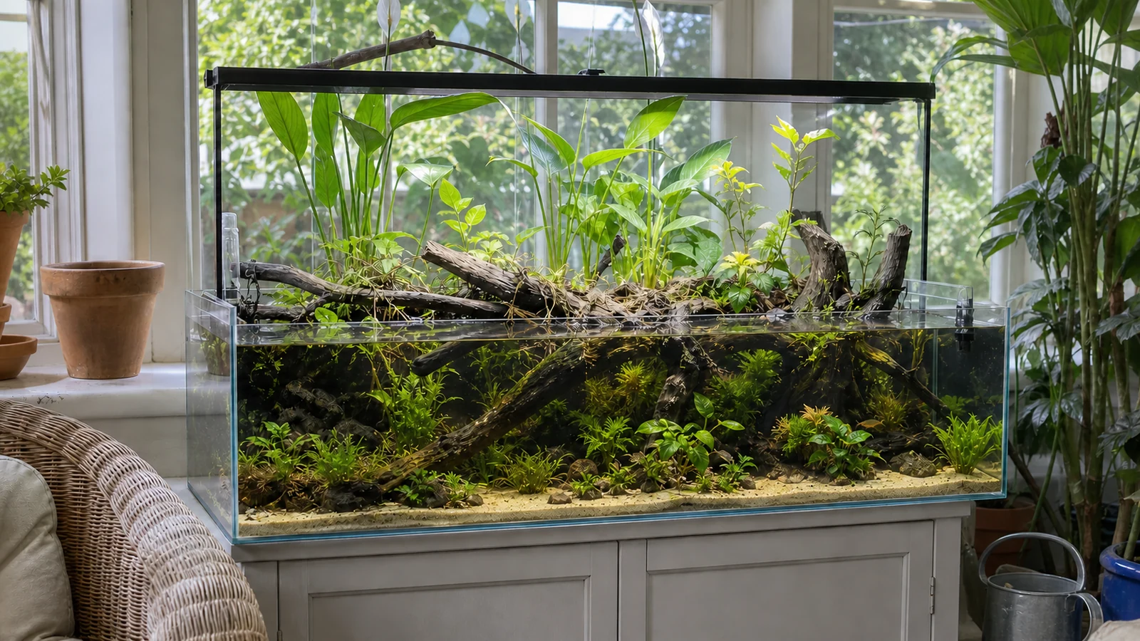 An open-top riparium with submerged plants, emergent foliage, roots, and weathered wood in a sunroom.