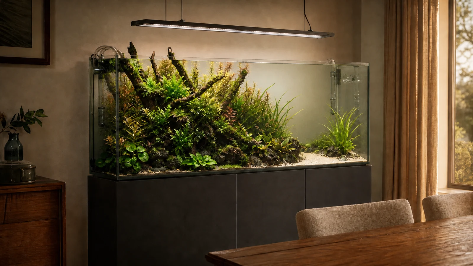 A triangular planted aquascape with dense growth rising from one side and open sand in a dining room.