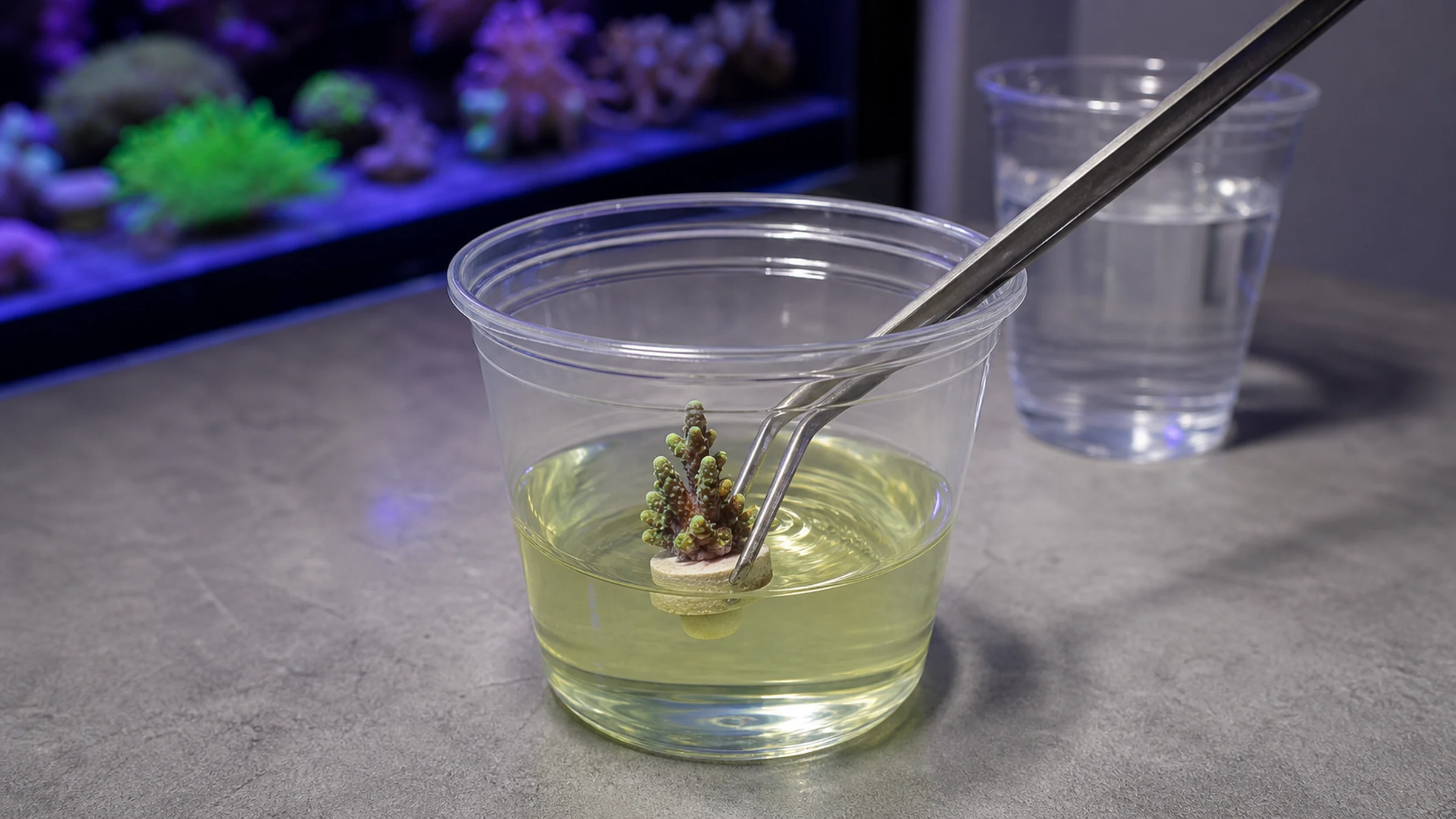 A coral frag on a plug being dipped in a small container beside a reef aquarium.