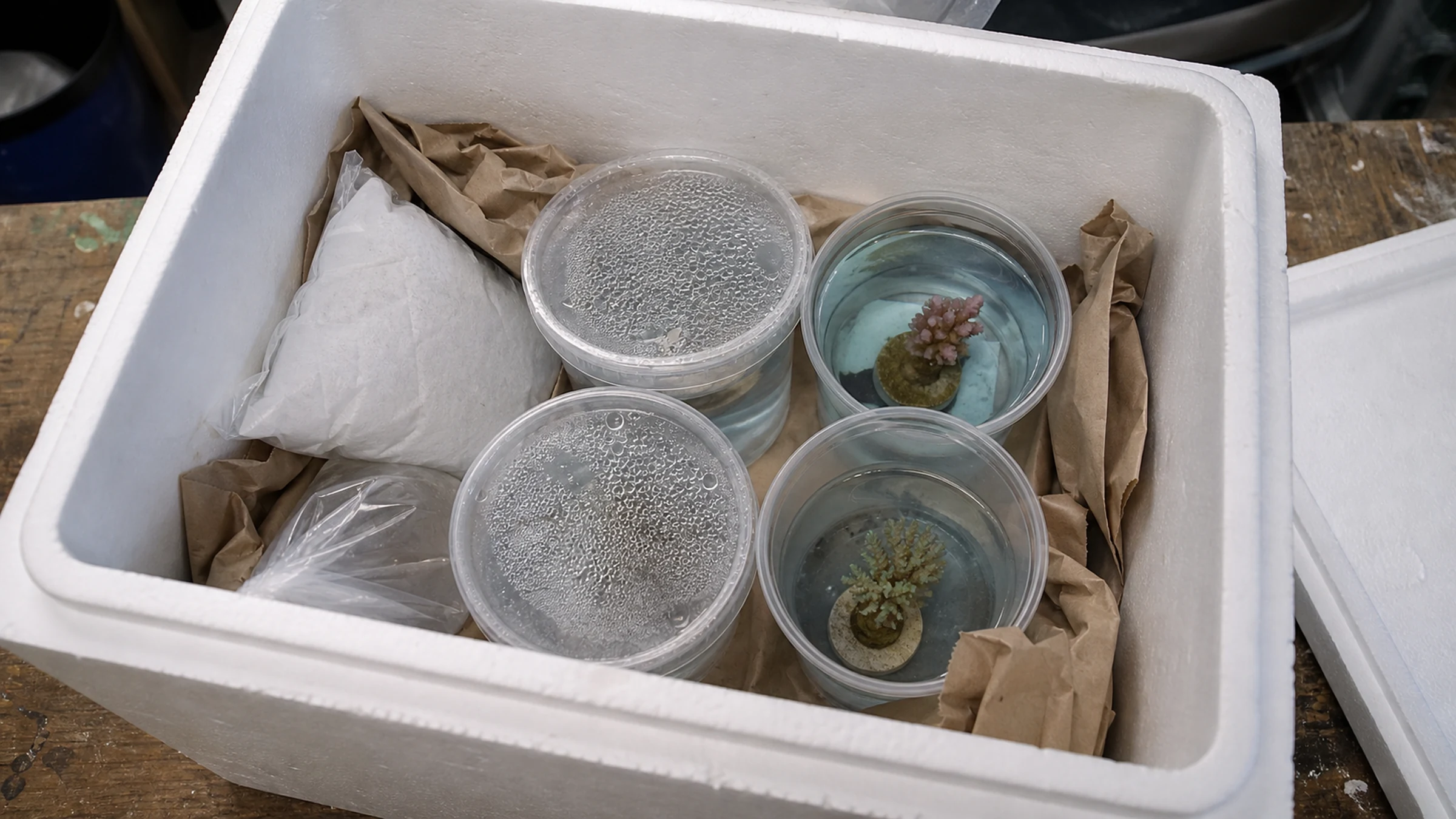 A coral shipment packed in an insulated foam box with specimen cups, a heat pack, and kraft paper.