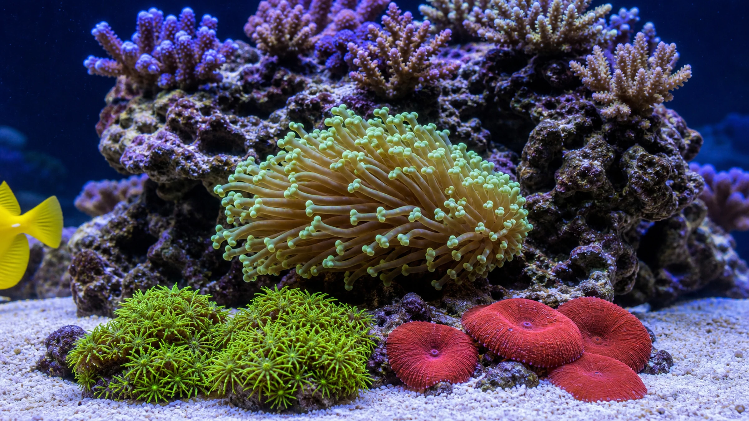 Soft, LPS, and SPS corals arranged at different heights in a reef aquarium