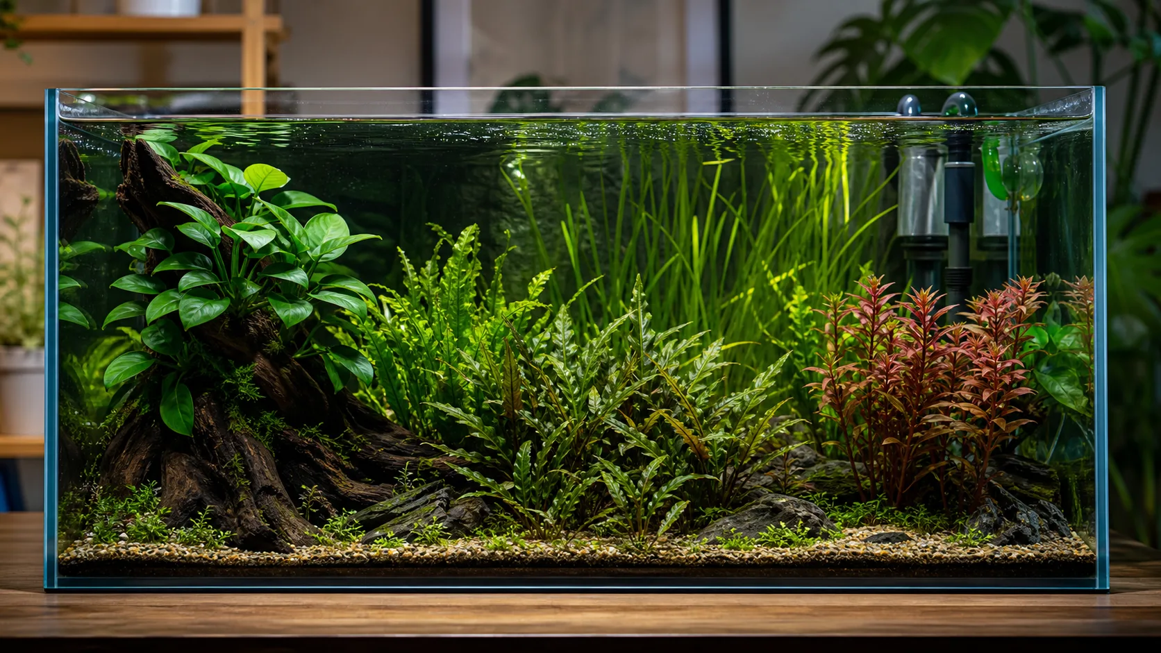 A mature freshwater planted aquarium with Anubias, ferns, crypts, Vallisneria, and red stem plants.