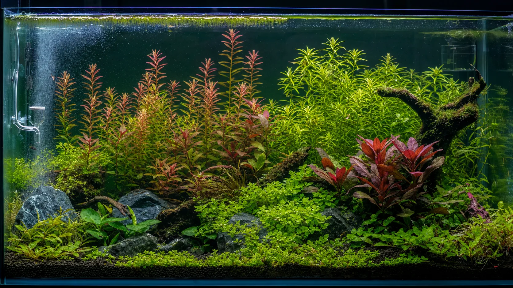 A high-tech planted aquarium shows dense stem groups, compact foreground growth, and a working CO₂ diffuser.