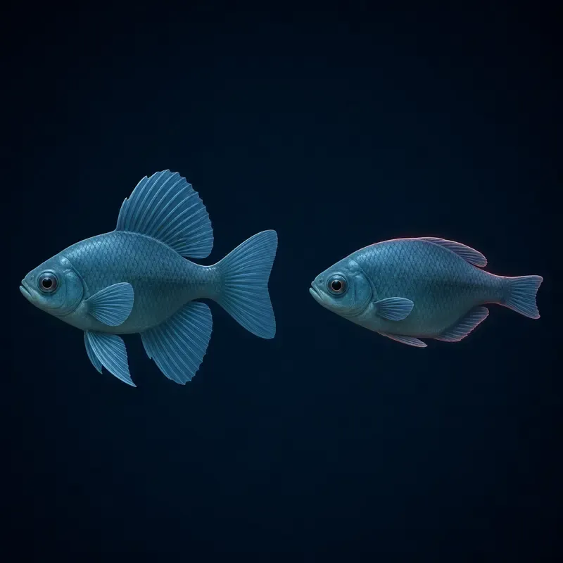 Two stylized fish compared: one with fins fanned open and healthy, one with every fin folded tight against its body.