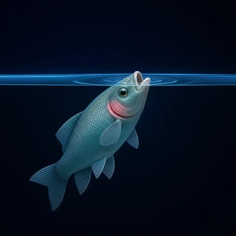 Stylized fish angled up at the water surface, mouth breaking the surface with reddened gills — gasping for oxygen.