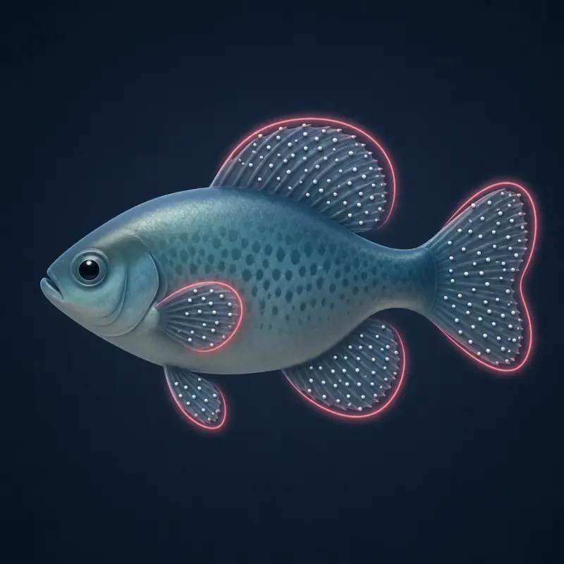 Stylized fish dusted with tiny white salt-grain spots across its fins and body — the classic sign of ich.