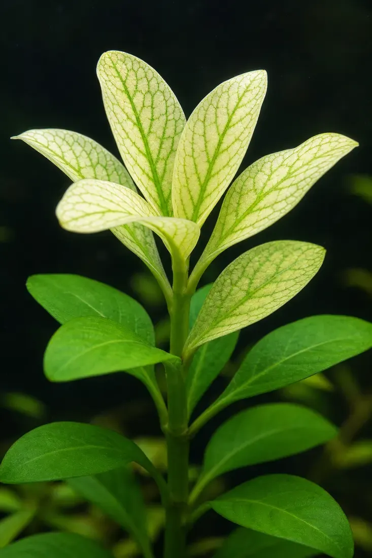 Iron-deficient new growth: pale young leaves with a retained green vein network; older leaves stay green.