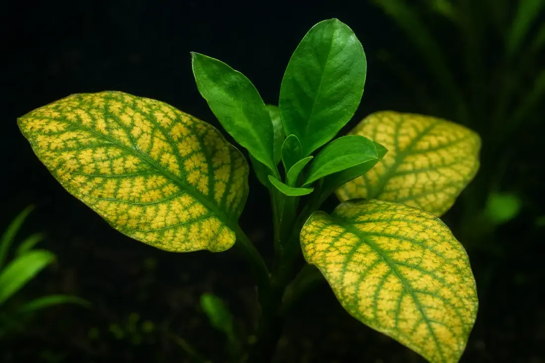 Magnesium-deficient older leaves: yellowing between still-green veins, with healthy green new growth above.