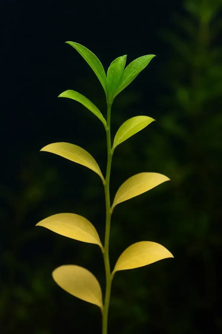 Nitrogen-deficient stem plant: the oldest lower leaves are uniformly yellowed while healthy green new growth continues at the top.