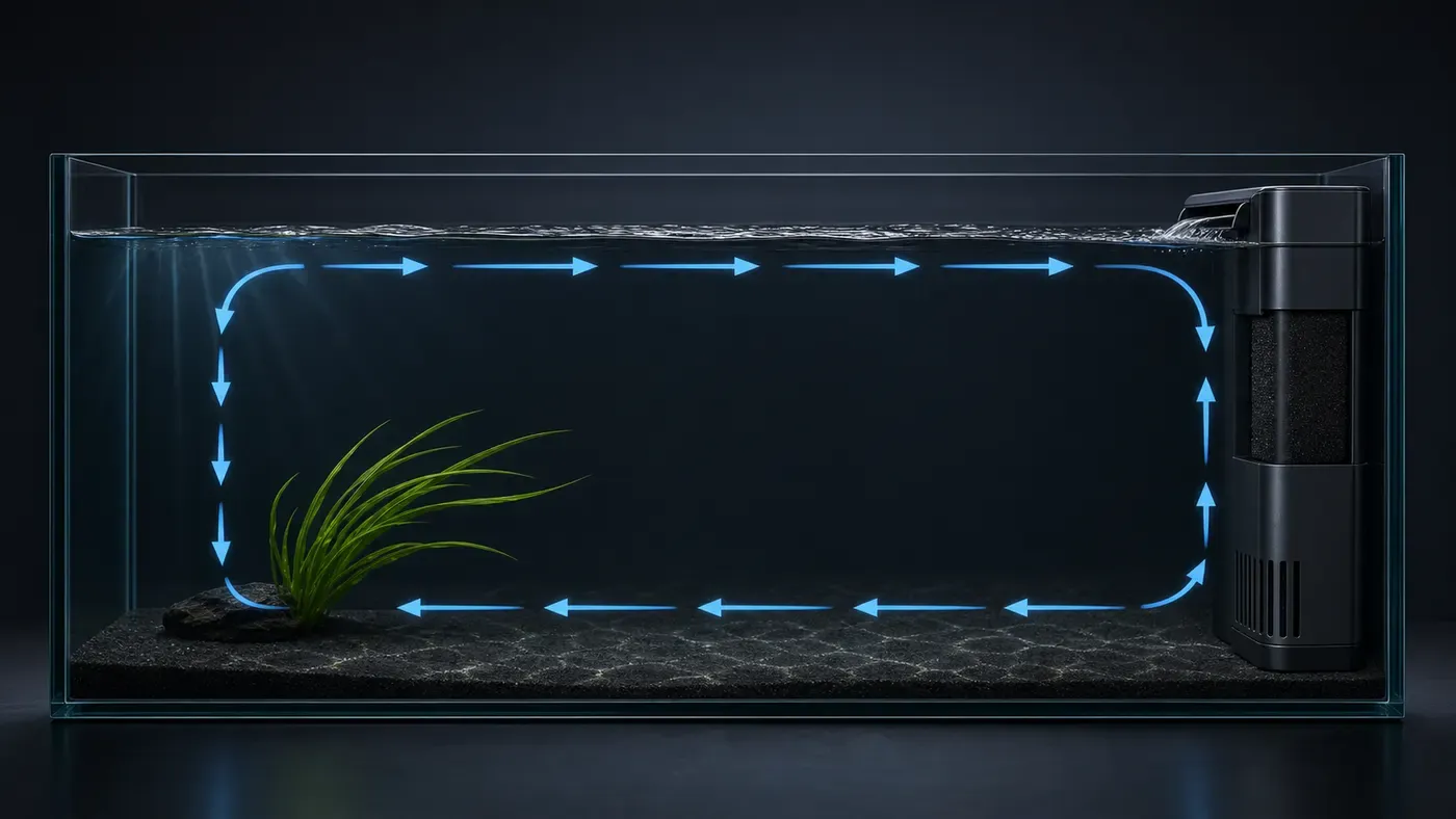 Cutaway of an aquarium showing water drawn in low by the filter and returned at the surface, tracing one full circulation loop the length of the tank.