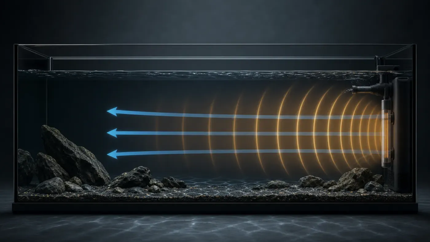 Cutaway of an aquarium with a heater mounted near the filter outflow, its warmth carried horizontally across the tank by the circulation current rather than rising in one spot.