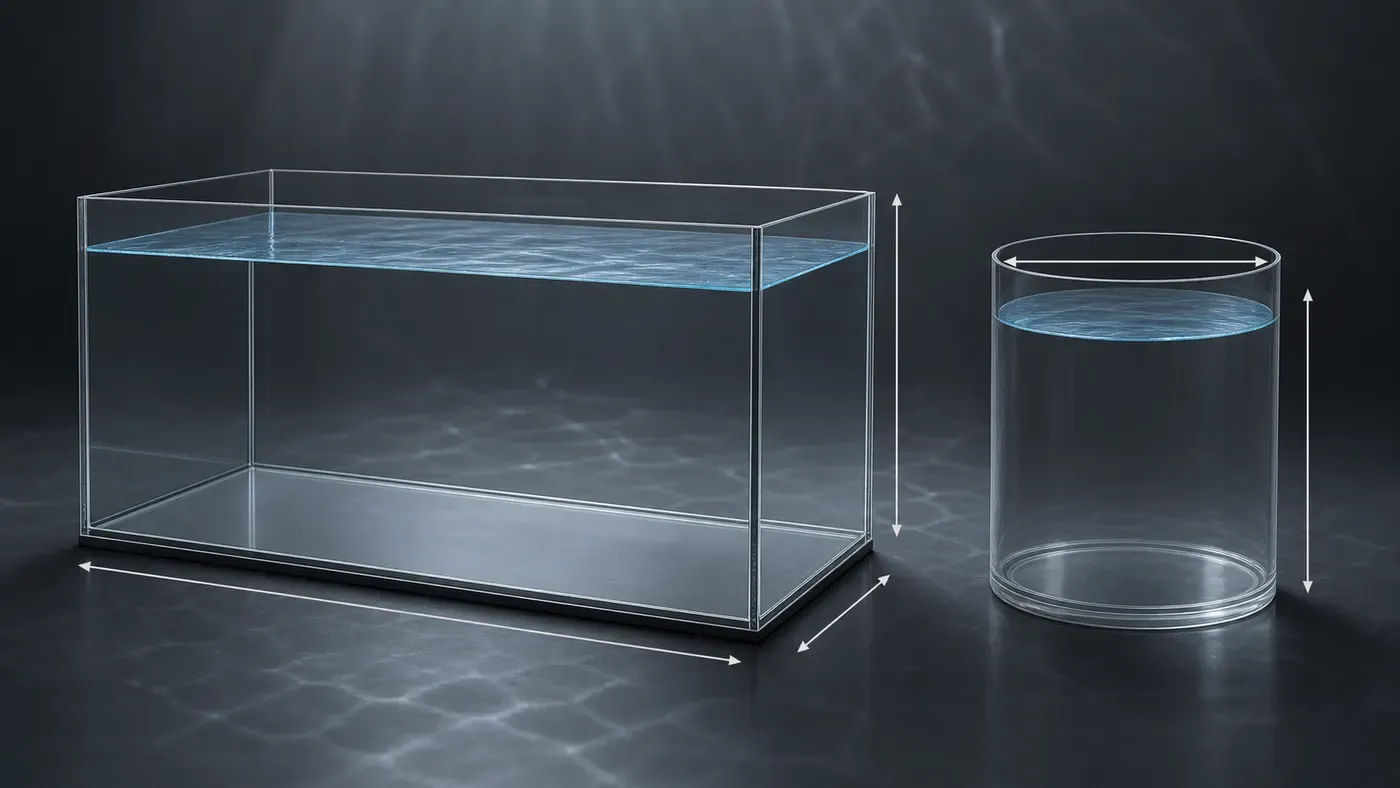 A rectangular aquarium with arrows along its length, width, and height, beside a cylindrical tank with arrows across its diameter and up its height — the measurements needed to calculate volume.