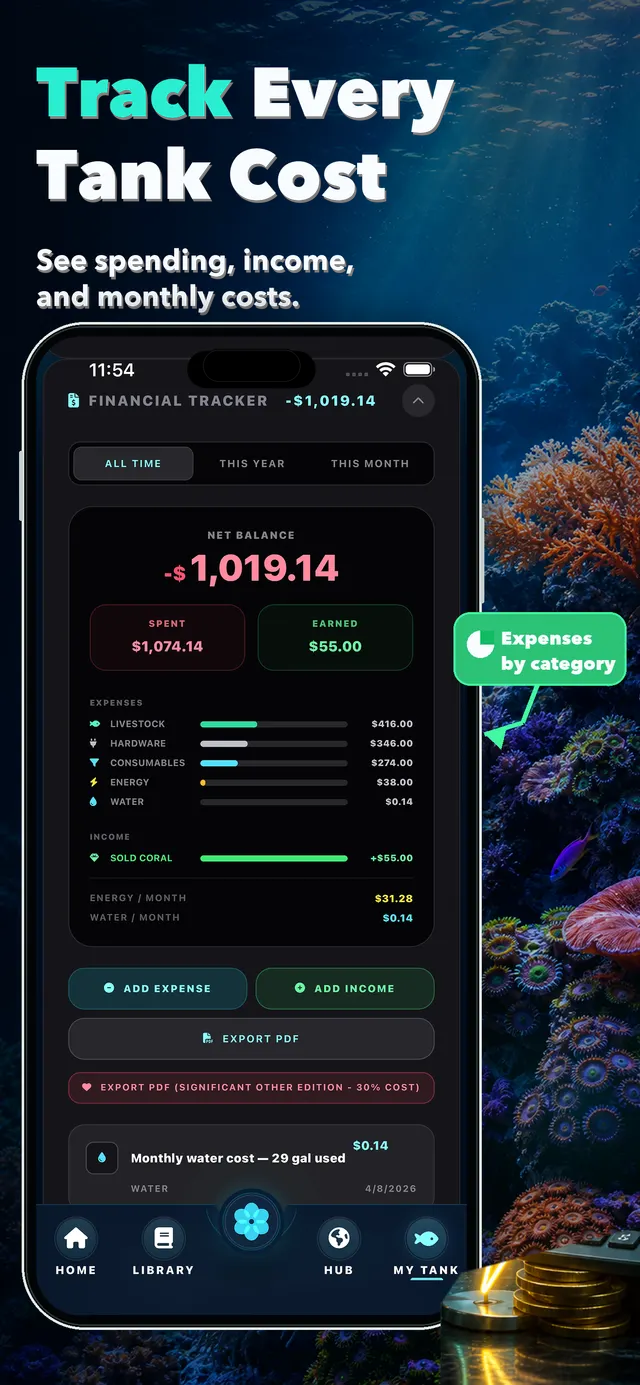 AquaLens financial tracker showing reef livestock spending and coral sales
