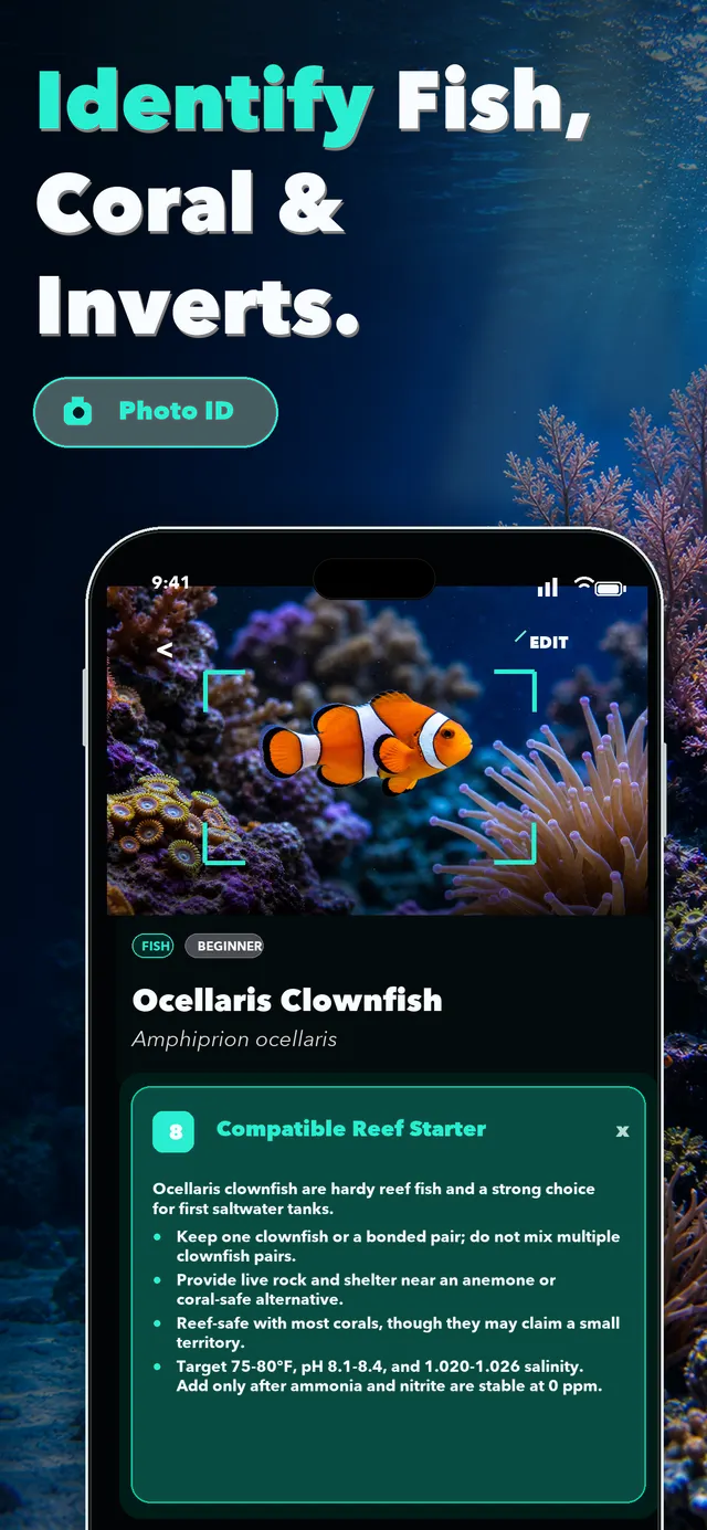 AquaLens identifying an ocellaris clownfish and showing a compatible reef starter care card