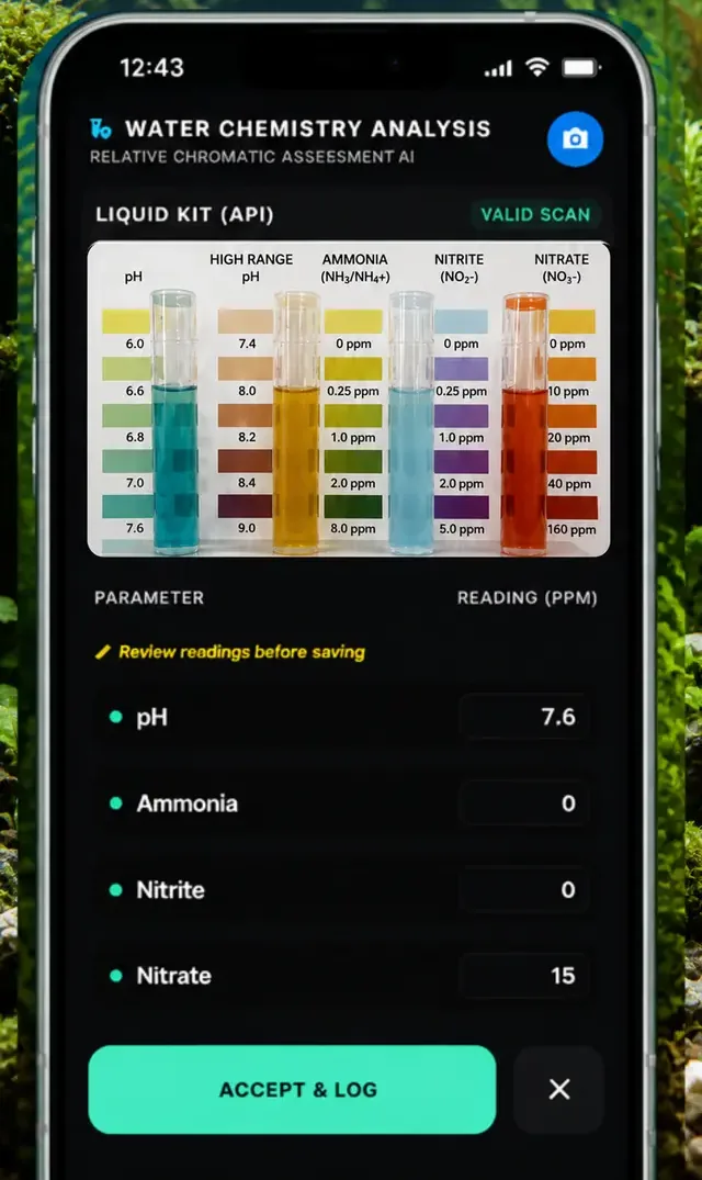 Water test results logged automatically into the tank journal