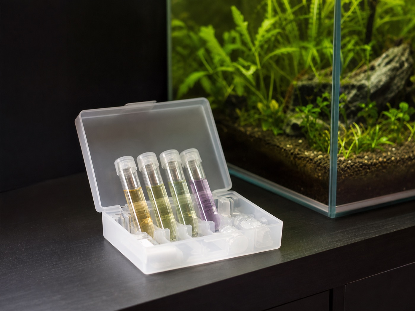 Aquarium water test kit with filled test tubes beside a planted tank