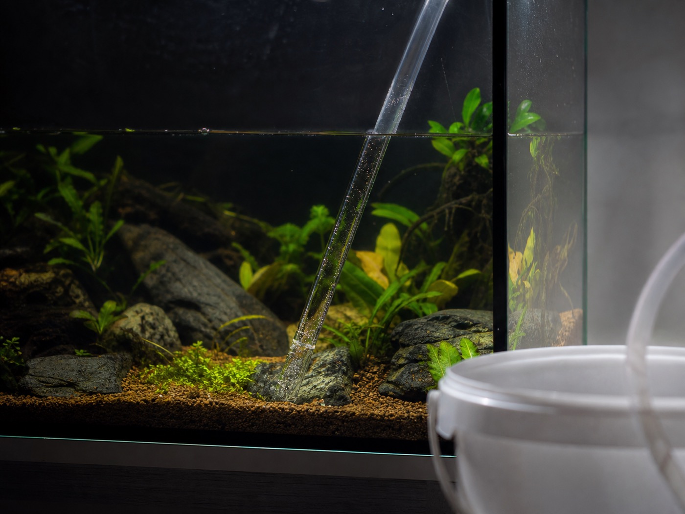 Siphon draining water from a planted aquarium into a bucket